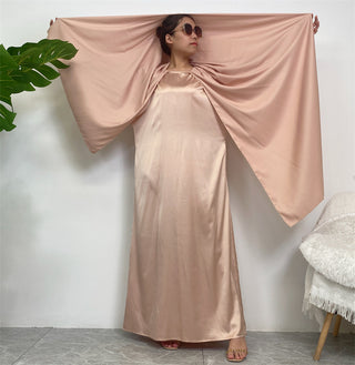 675#Satin Solid Color Luxury Attach Scarf  Islamic Long Dress