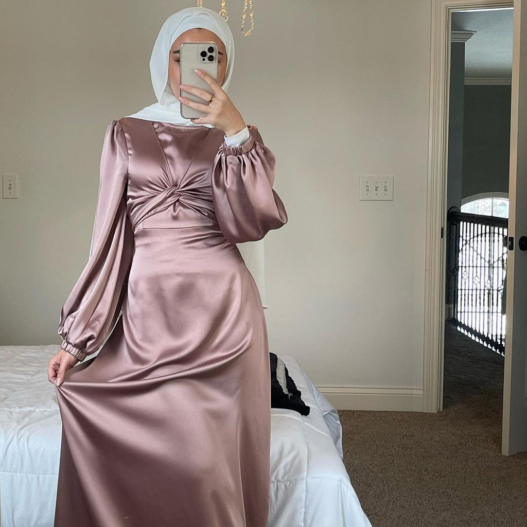 1433#Fancy women  muslim dresses long sleeves maxi satin dress abaya