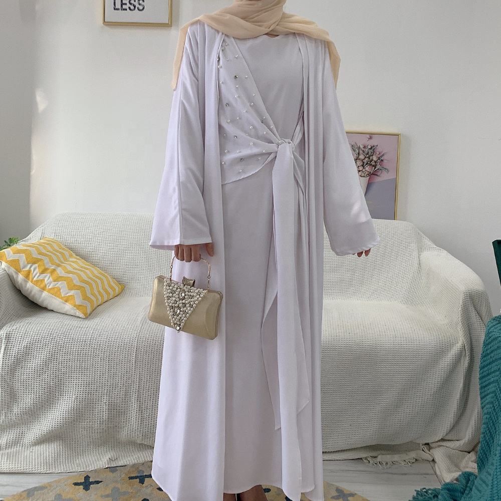 1516#2pcs Open Abaya Set Solid Color with Pearls Decoration Fashion Dress