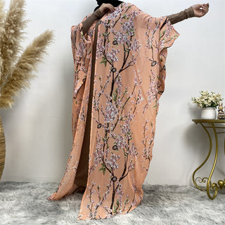 610#Summer lightweight pretty floral long robe chiffon sleeveless open abaya