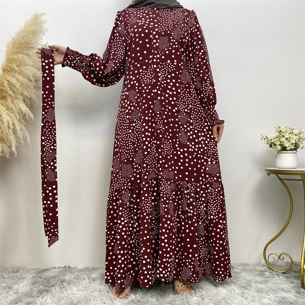 6541#Polka Dot Printed Maxi Dress Ladies Muslim Abaya Dresses Islamic Clothing