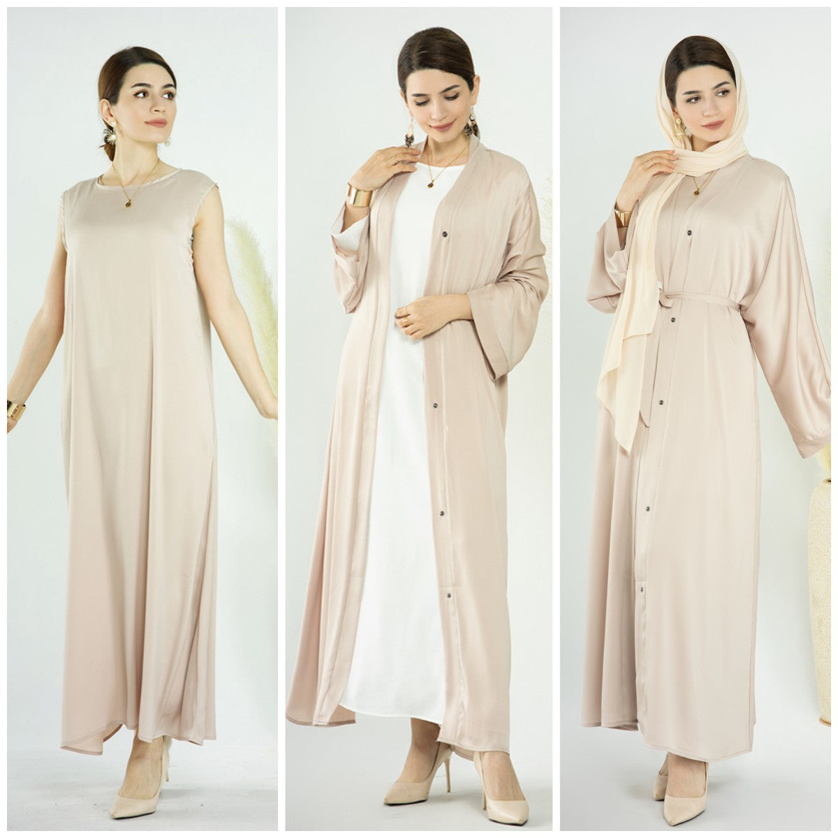 1582&1584#Slip Dress Inner Basic Sleeveless Maix Dress & Satin Abaya Islamic Clothing