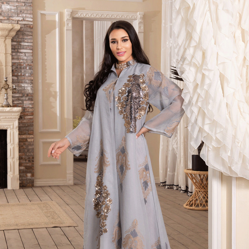 AB104#Middle East women's clothing Muslim evening dress Sequin embroidered mesh women's dress
