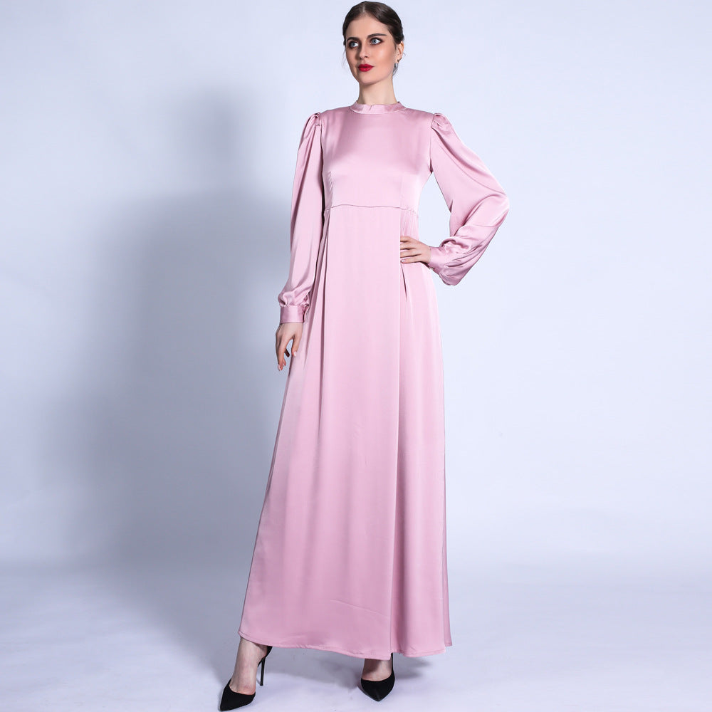 G1318#Autumn Satin Matte A-Line Dress Balloon Sleeve Basic Long Dress