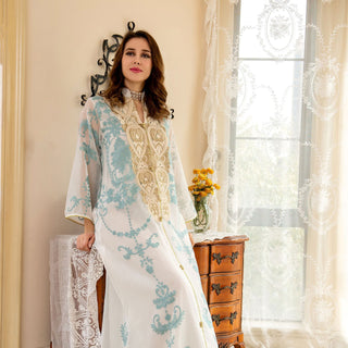 AB188#Dubai Arab Eid Al Fitr Middle East Gold Sequin Floral Embroidered Muslim Woman