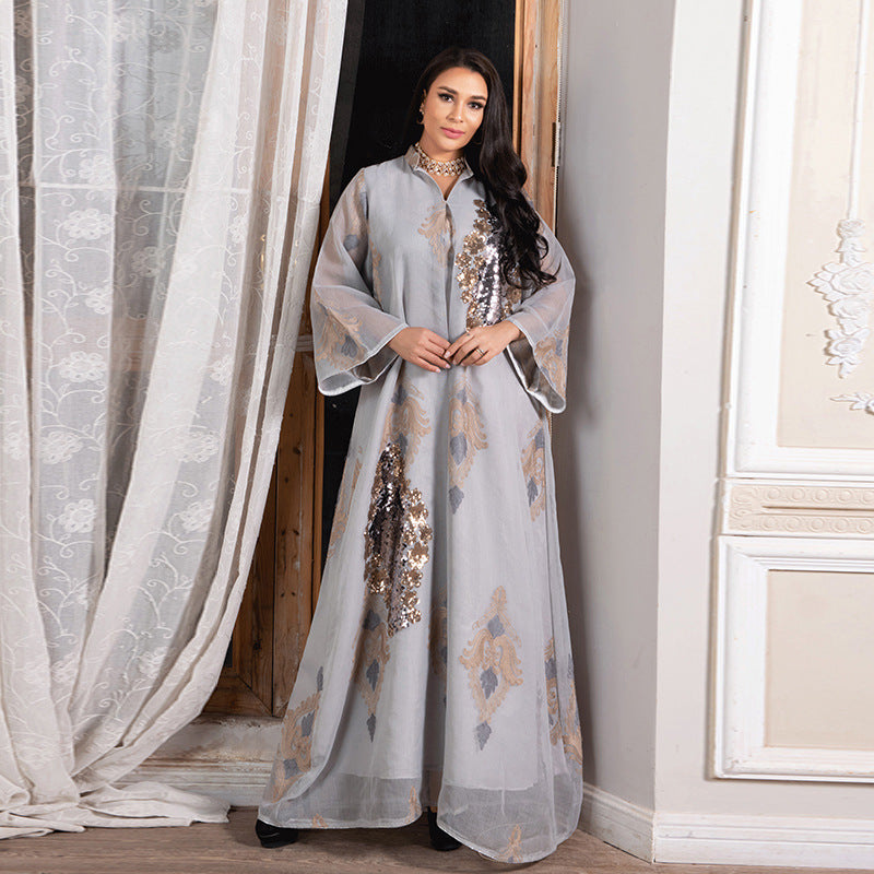 AB104#Middle East women's clothing Muslim evening dress Sequin embroidered mesh women's dress