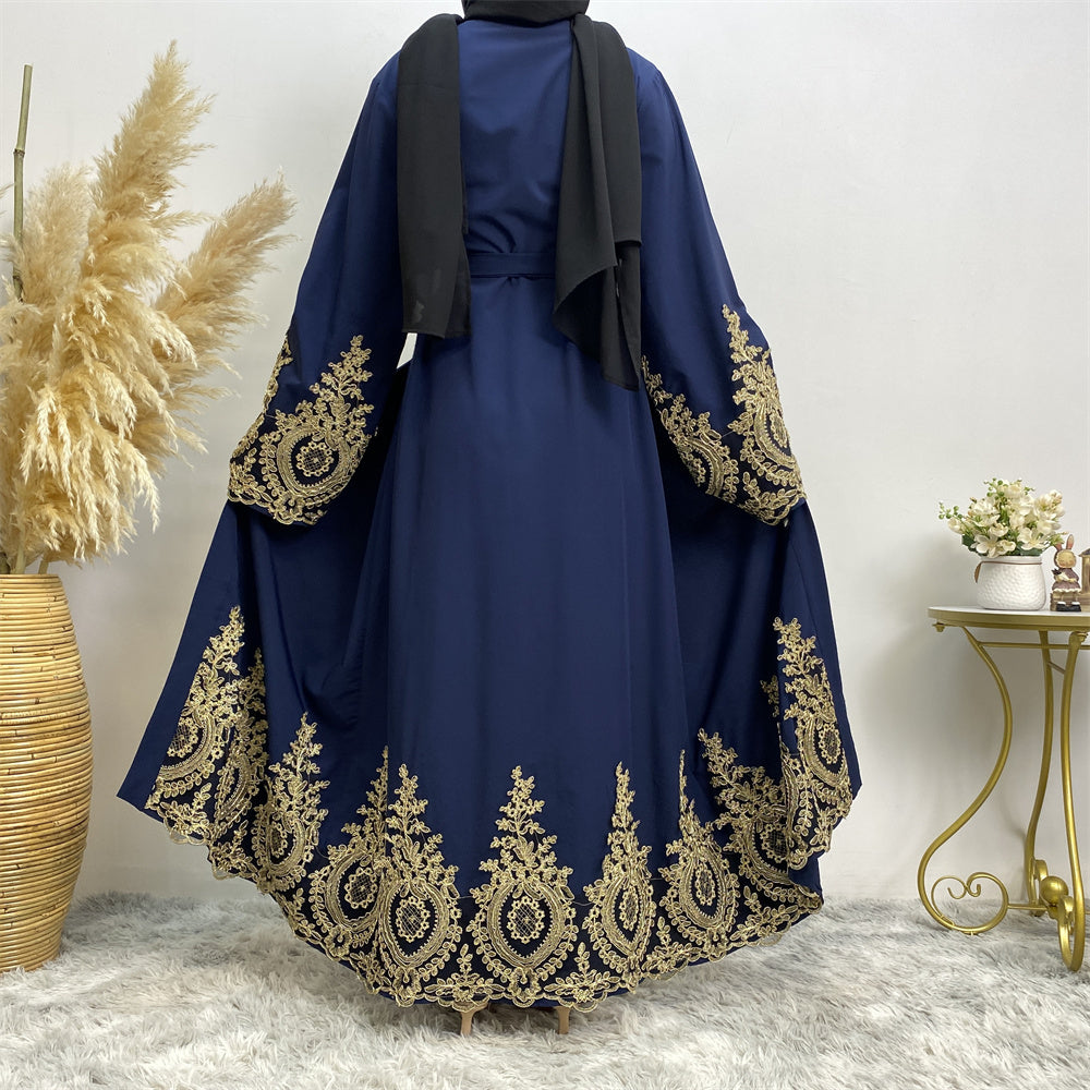 495#Stunning Gold Embroidery Lace Occasion Abaya