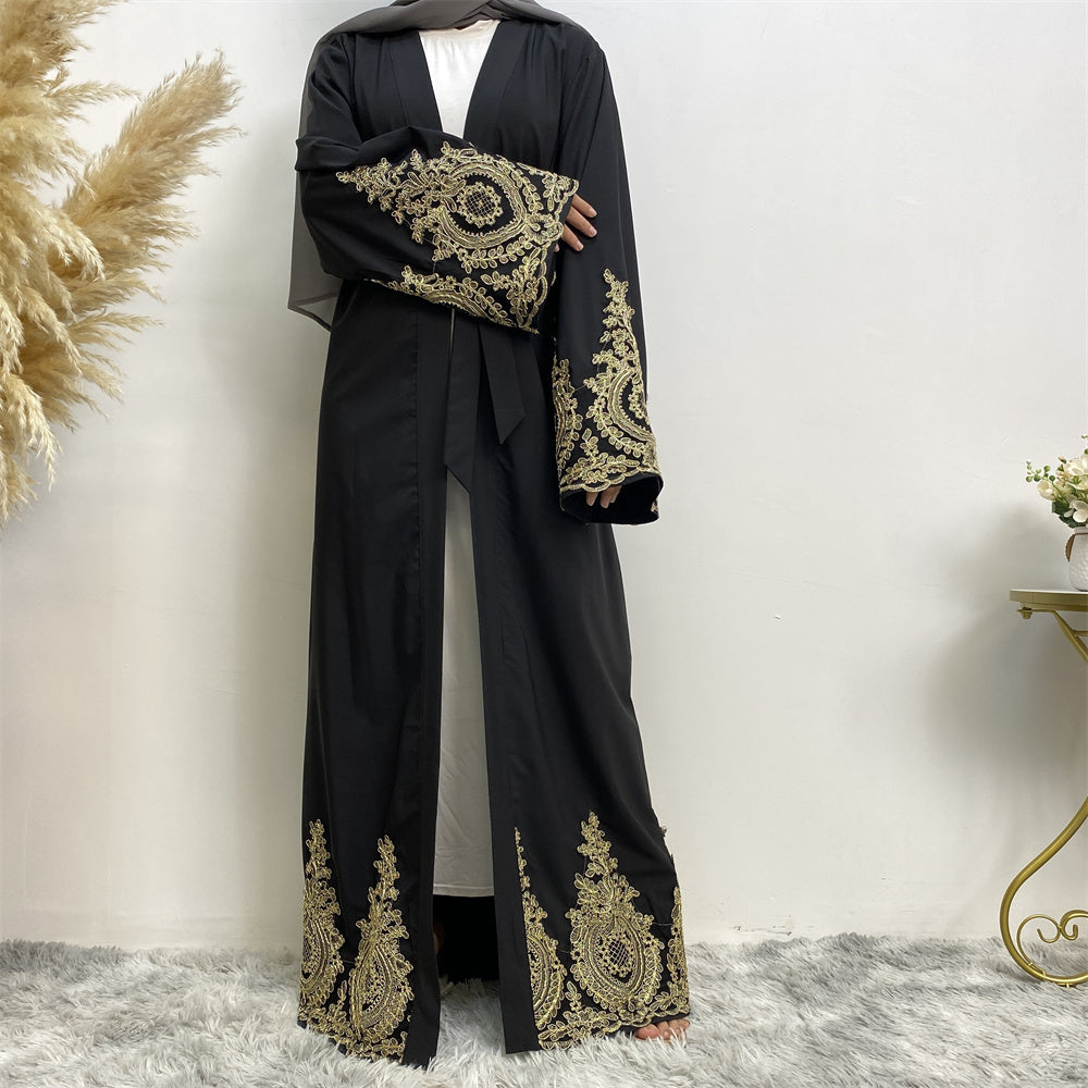 495#Stunning Gold Embroidery Lace Occasion Abaya