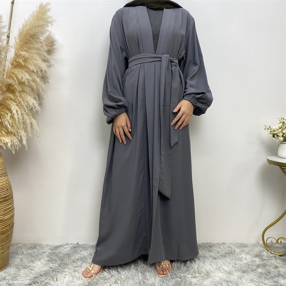 1876#Solid Color Elastic Cuff With Big Pockets Daily Casual Women Cardigan Abaya