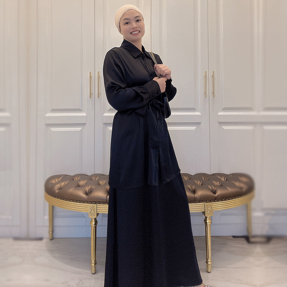 5A6F1#2pc muslim girls abaya set modern women satin blouse and skirt set