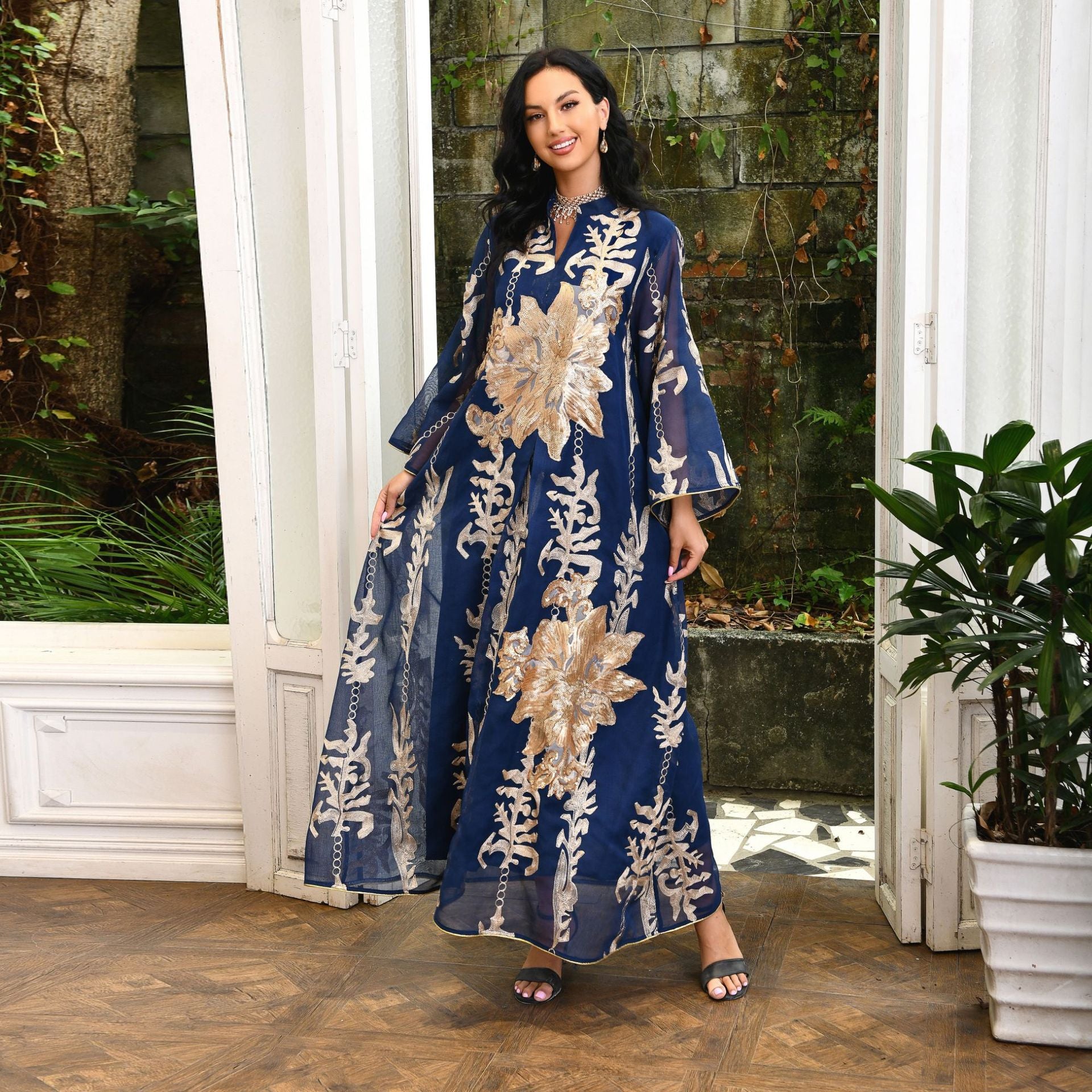 AB056# New burnt flower sequin dress light luxury ladies party dress Muslim abaya women's clothing