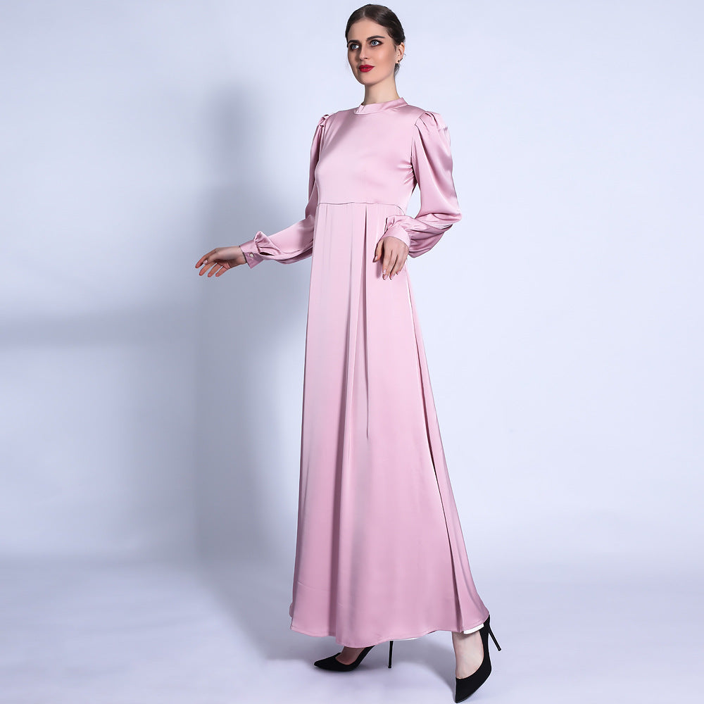 G1318#Autumn Satin Matte A-Line Dress Balloon Sleeve Basic Long Dress