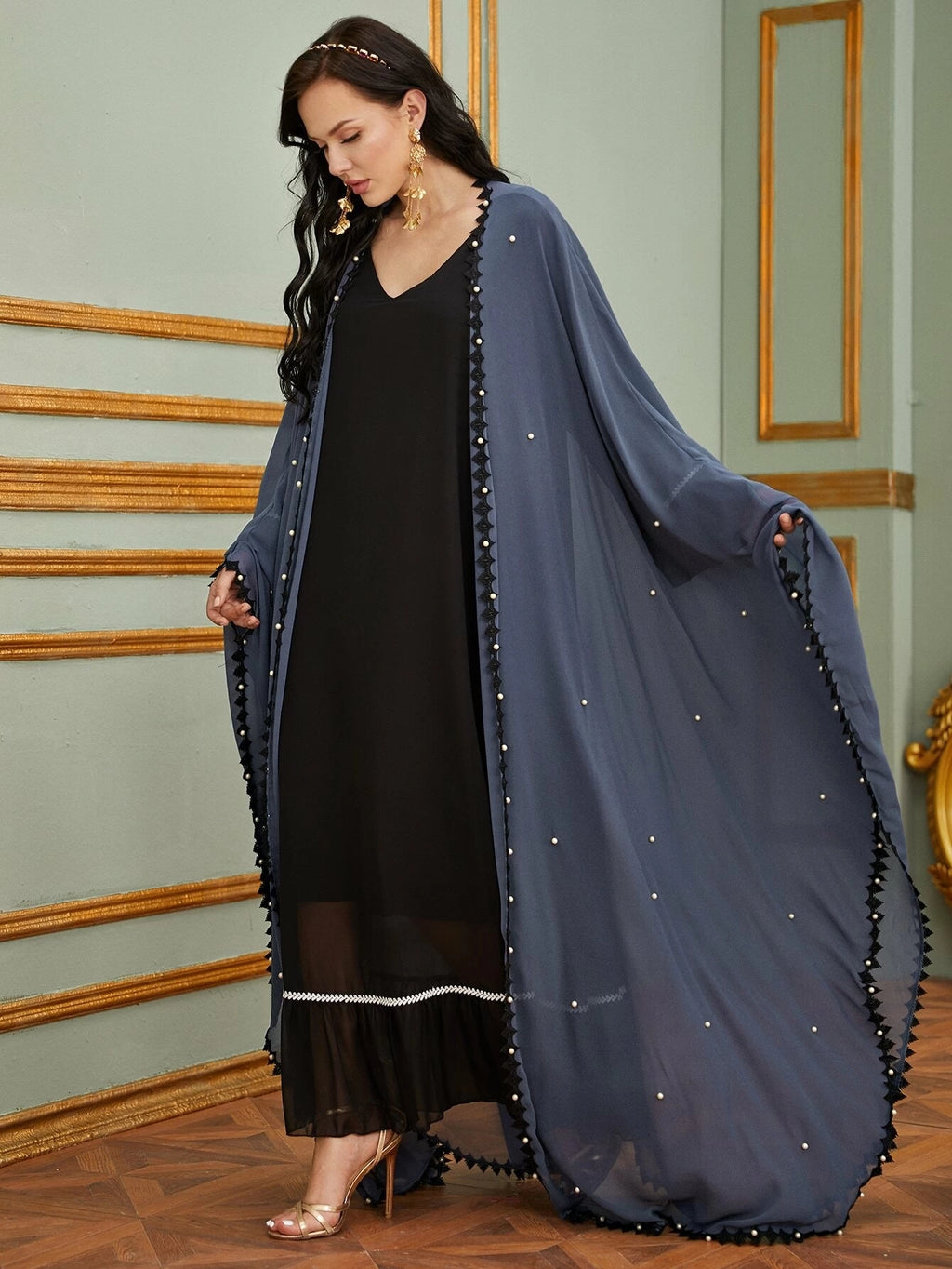 1653#New pearls cardigan kaftan bat sleeve abaya Dubai