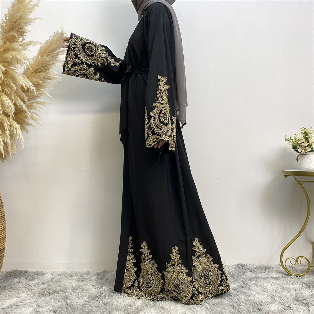 495#Stunning Gold Embroidery Lace Occasion Abaya