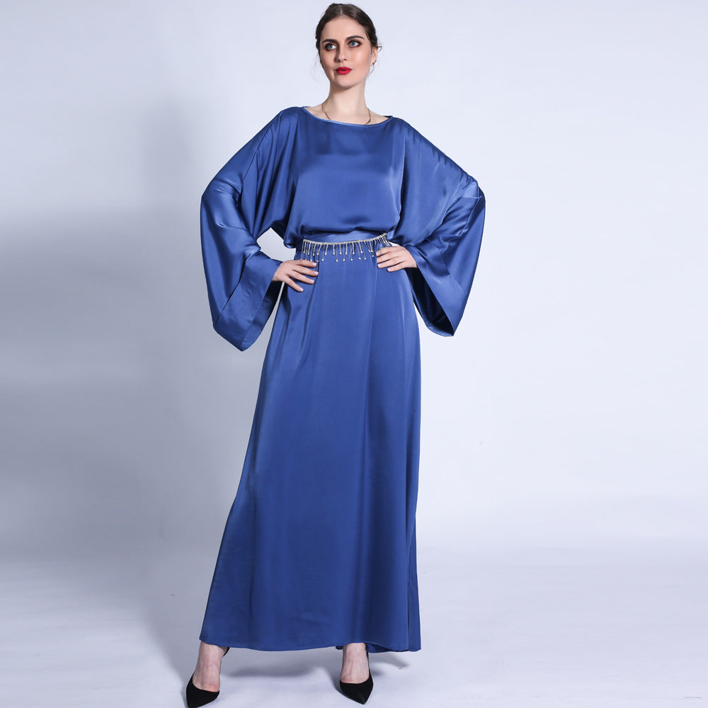 G1304#Autumn matte solid color  tassel diamond belt long muslim dress women