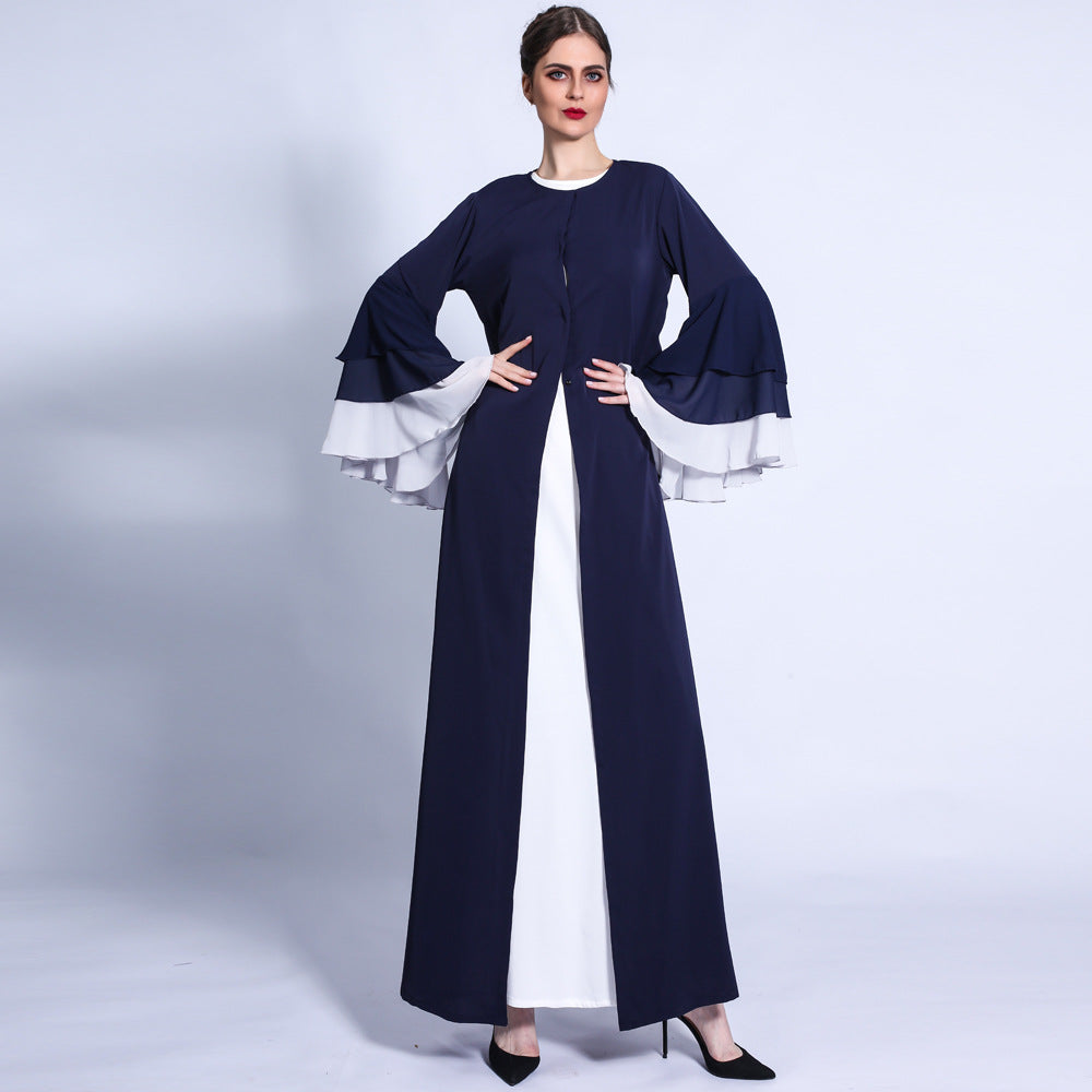 G1309#New women three-layer chiffon wave sleeves open dress