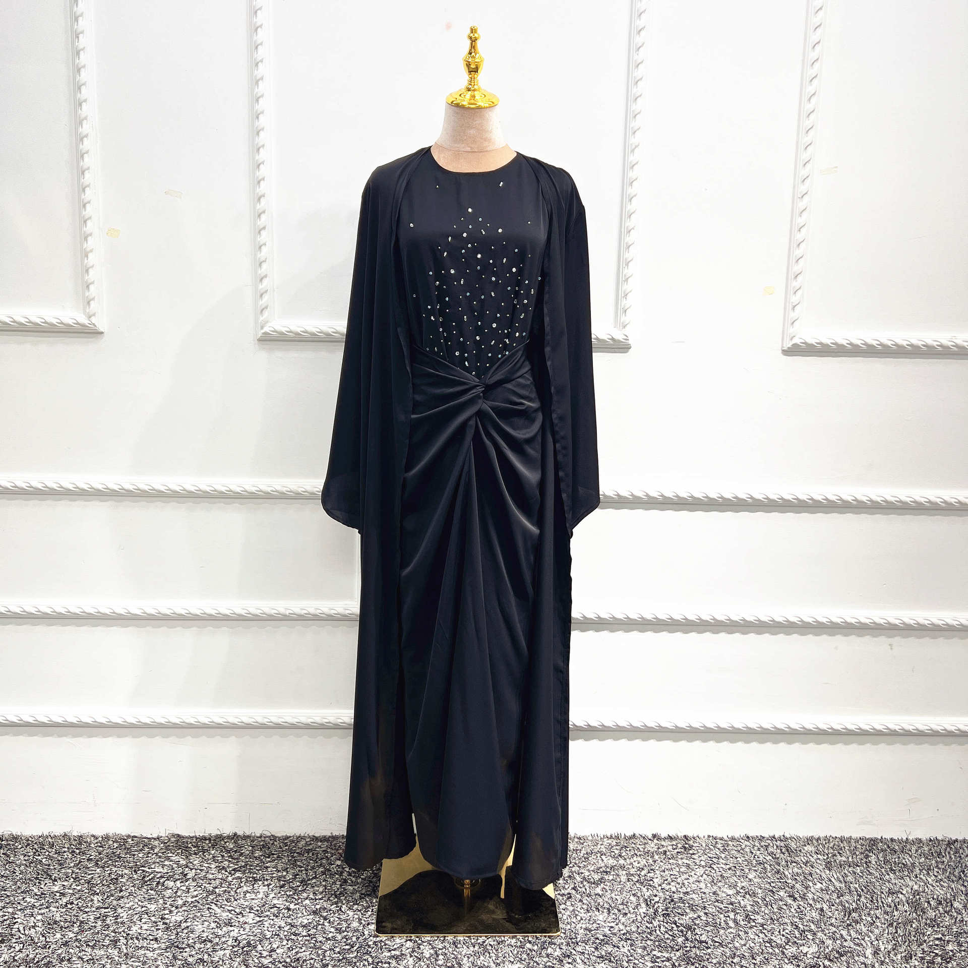 1506#3pcs Set Kimono Muslim Matching Outfit Cardigan Dress Wrap Skirt Set