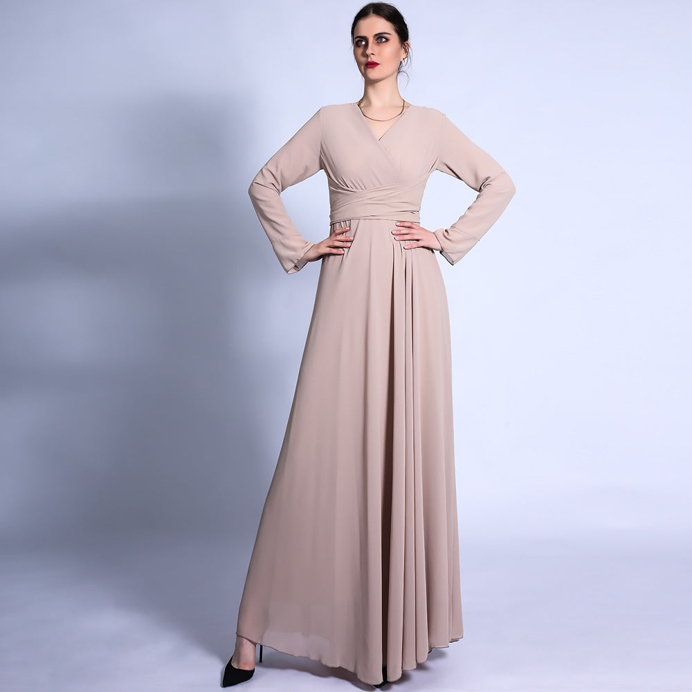 G1330#Autumn new V-neck chiffon solid color muslim dress