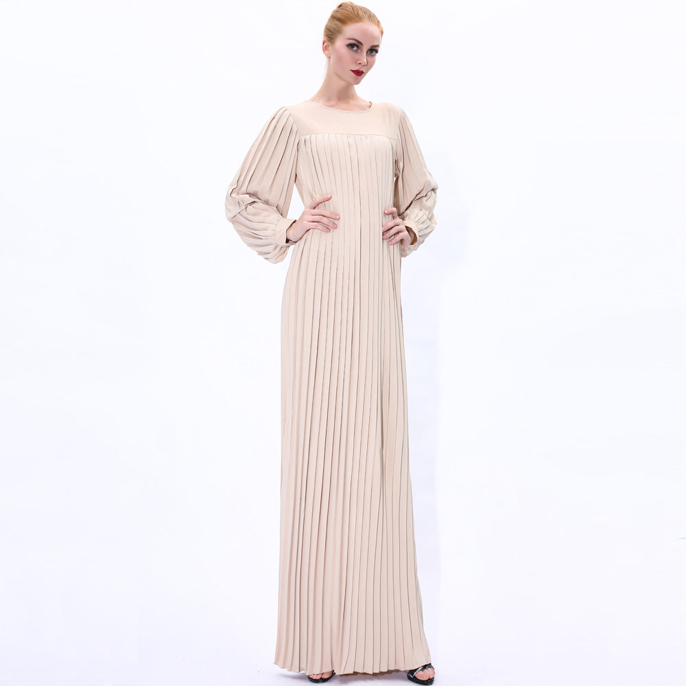 91236#Plus size women's autumn new pleated long muslim maxi dress