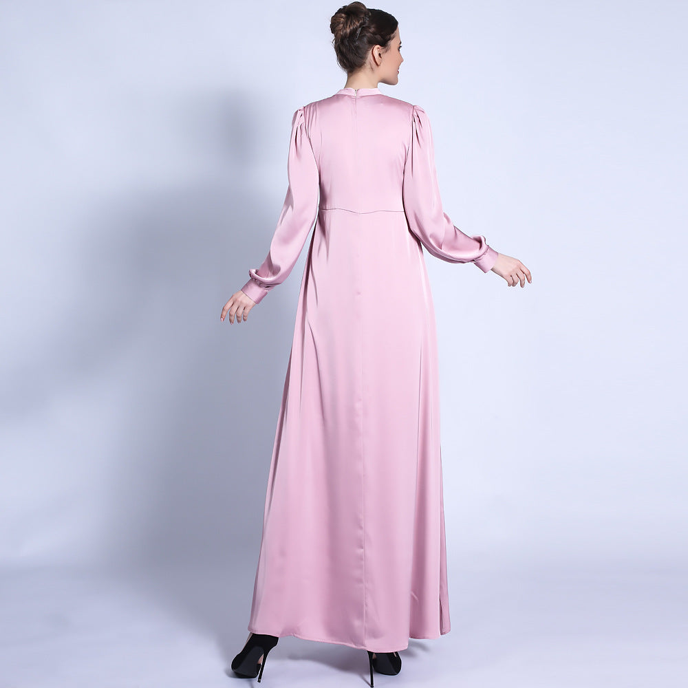 G1318#Autumn Satin Matte A-Line Dress Balloon Sleeve Basic Long Dress