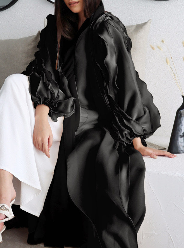 1519#Dubai style 2 layer organza women open abaya with ribbons sleeves