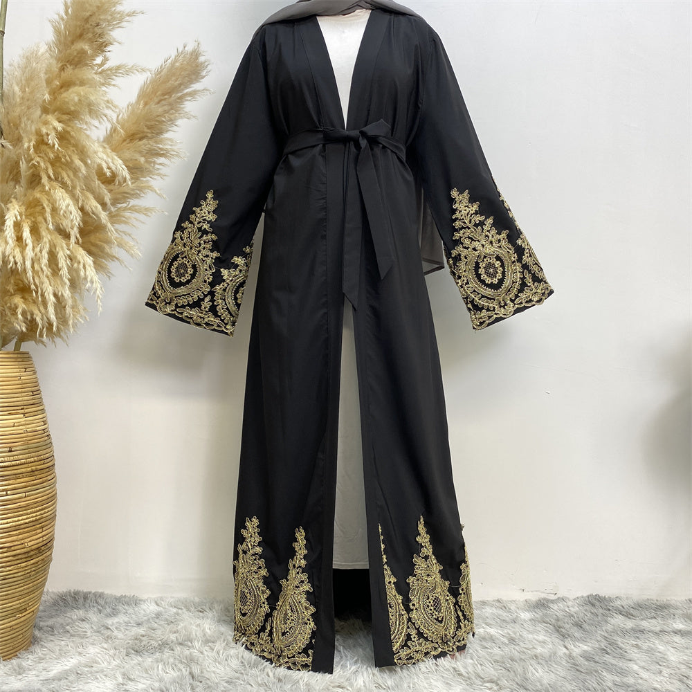 495#Stunning Gold Embroidery Lace Occasion Abaya