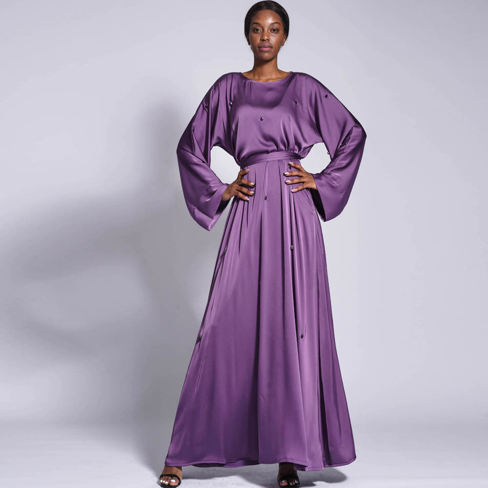 221008#New  Satin Hot Diamond Dress Solid Color Loose Waist Belt Long Dress