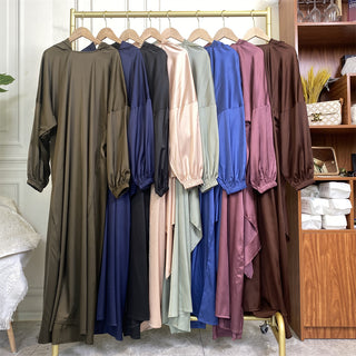 675#Satin Solid Color Luxury Attach Scarf  Islamic Long Dress