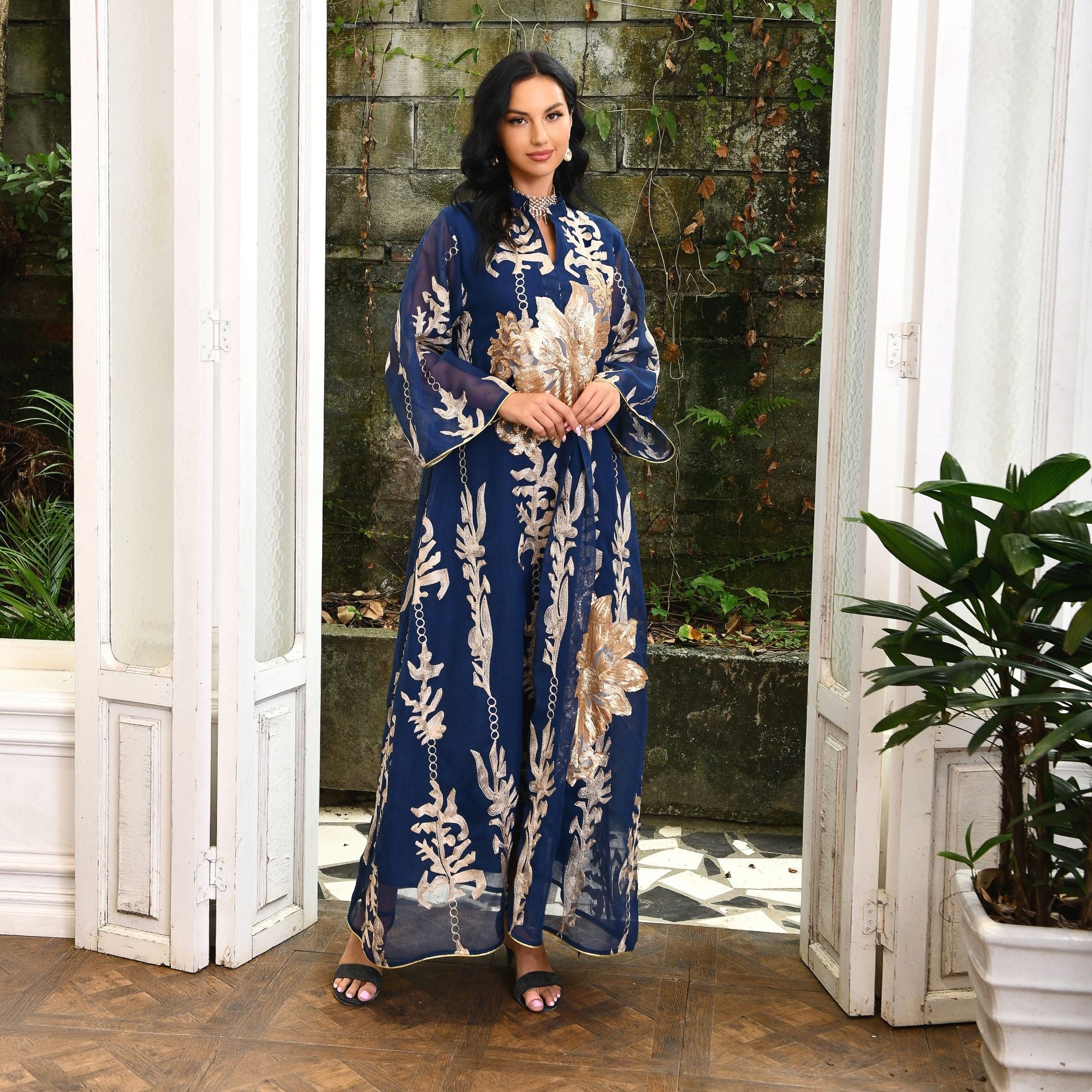 AB056# New burnt flower sequin dress light luxury ladies party dress Muslim abaya women's clothing