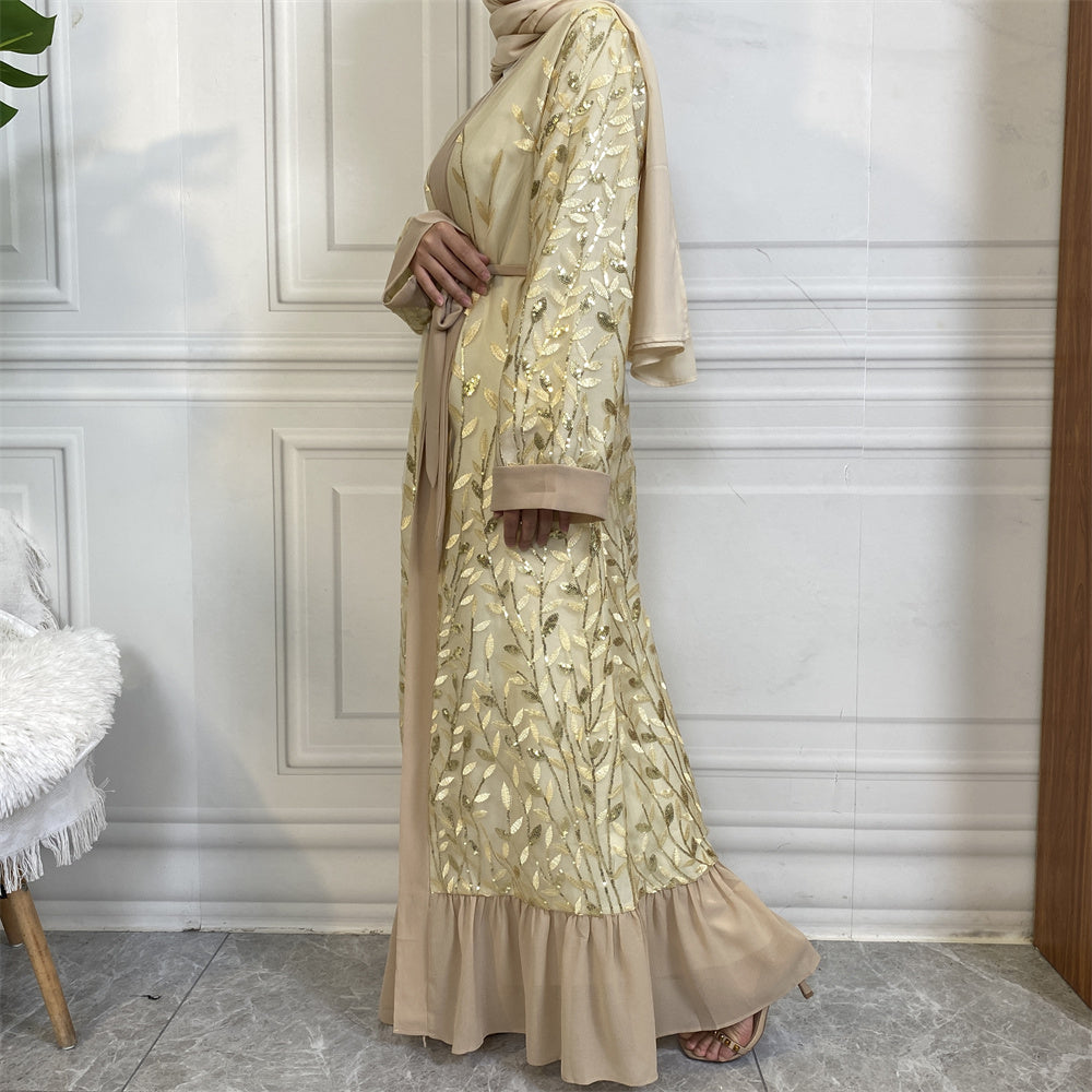 1511# Shiny Sequins Leaves Luxury Cardigan Muslim Islamic Elegant Women Abaya