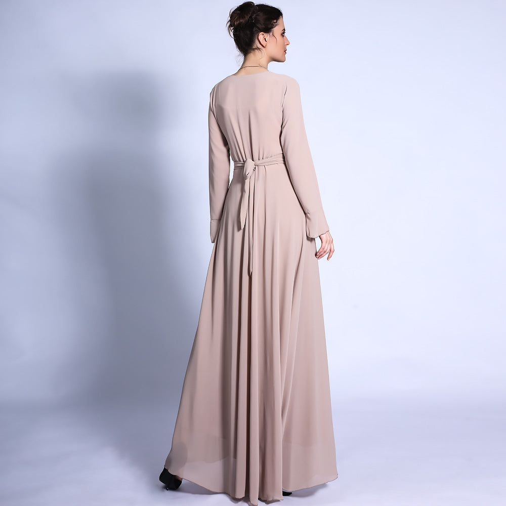 G1330#Autumn new V-neck chiffon solid color muslim dress