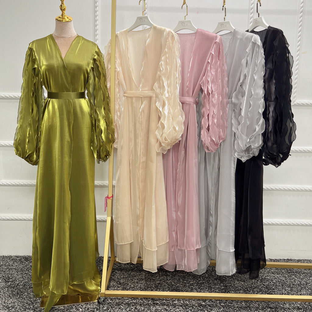 1519#Dubai style 2 layer organza women open abaya with ribbons sleeves
