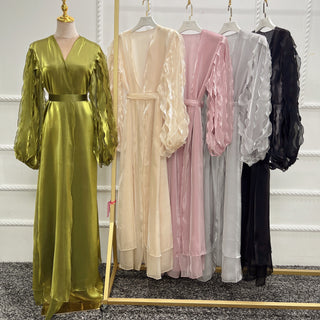 1519#Dubai style 2 layer organza women open abaya with ribbons sleeves