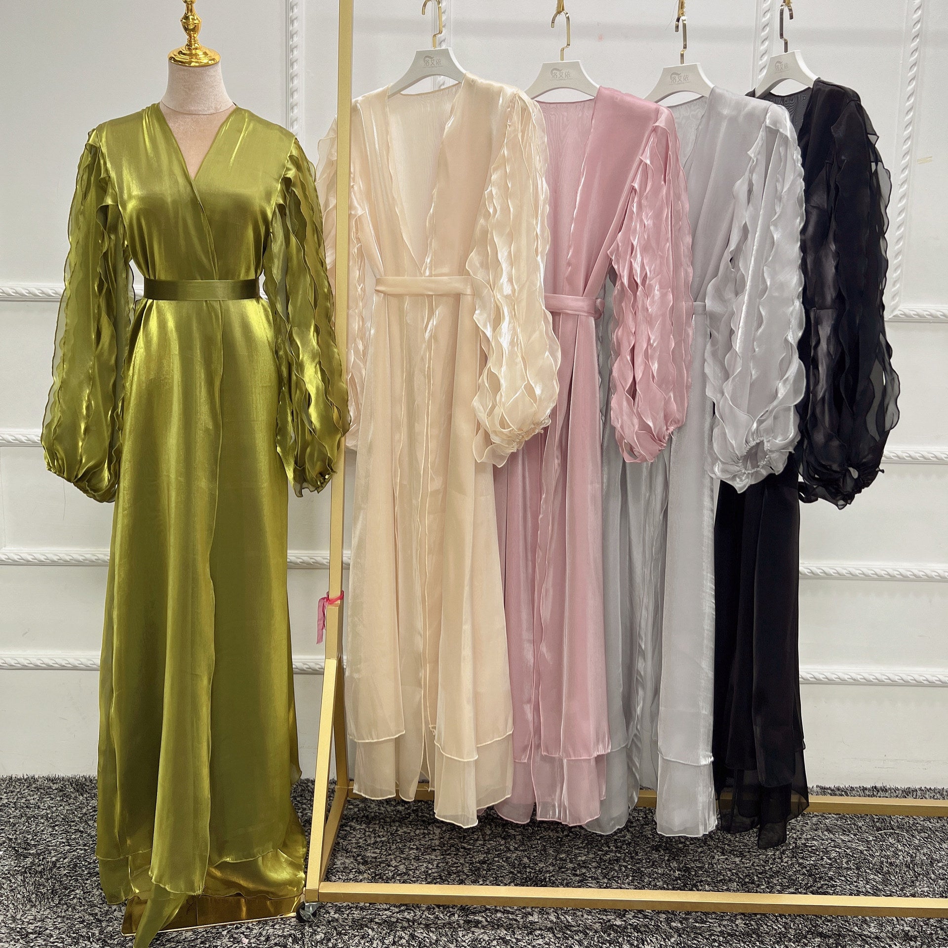 1519#Dubai style 2 layer organza women open abaya with ribbons sleeves
