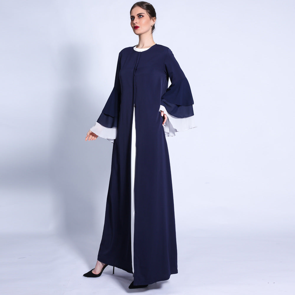 G1309#New women three-layer chiffon wave sleeves open dress