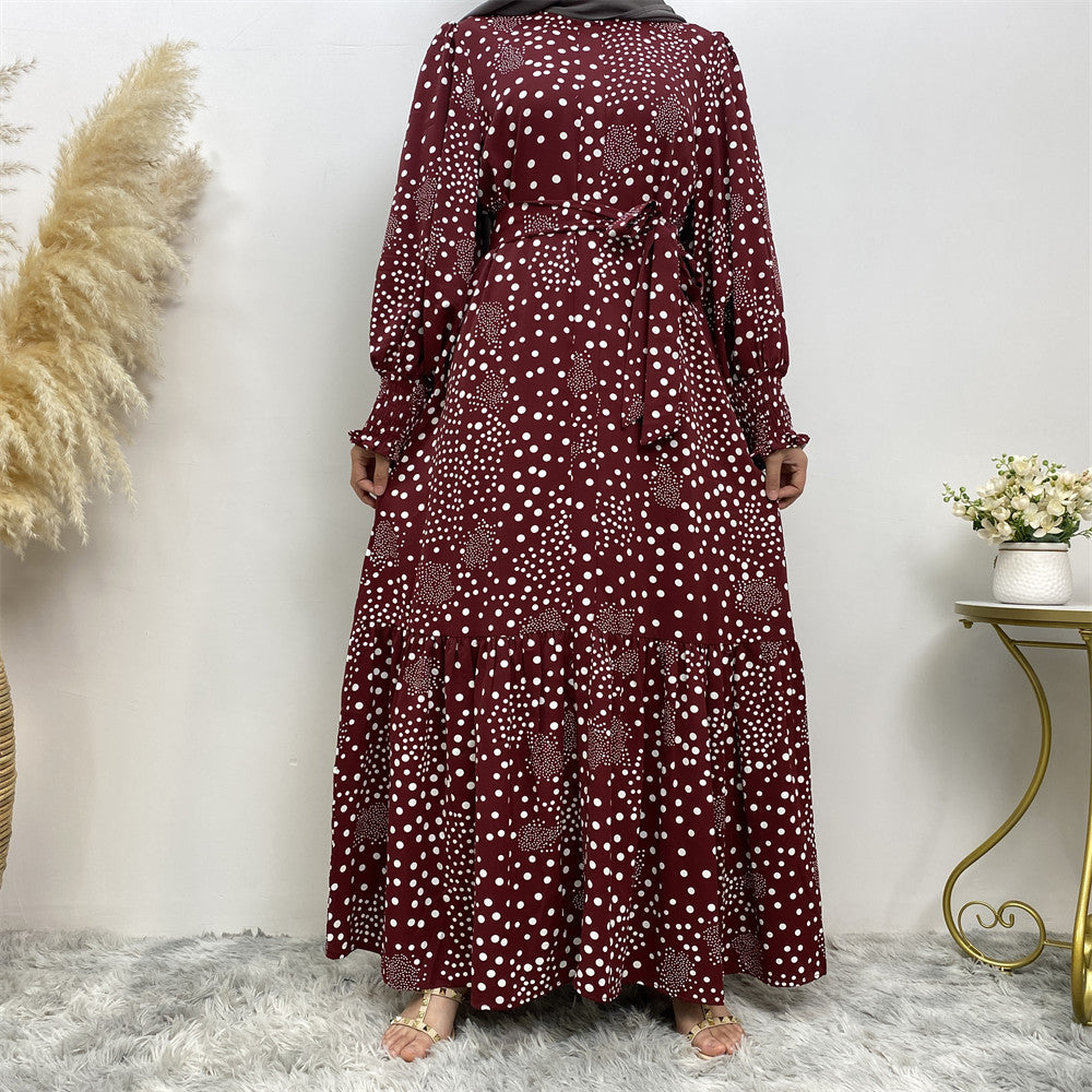 6541#Polka Dot Printed Maxi Dress Ladies Muslim Abaya Dresses Islamic Clothing