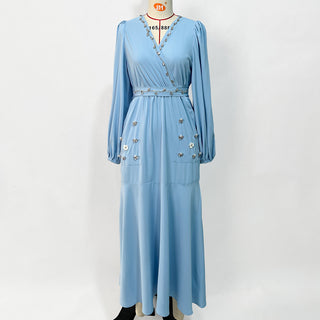 BA618#Light Blue Cross Collar Design Flower Stitched Diamond Dress