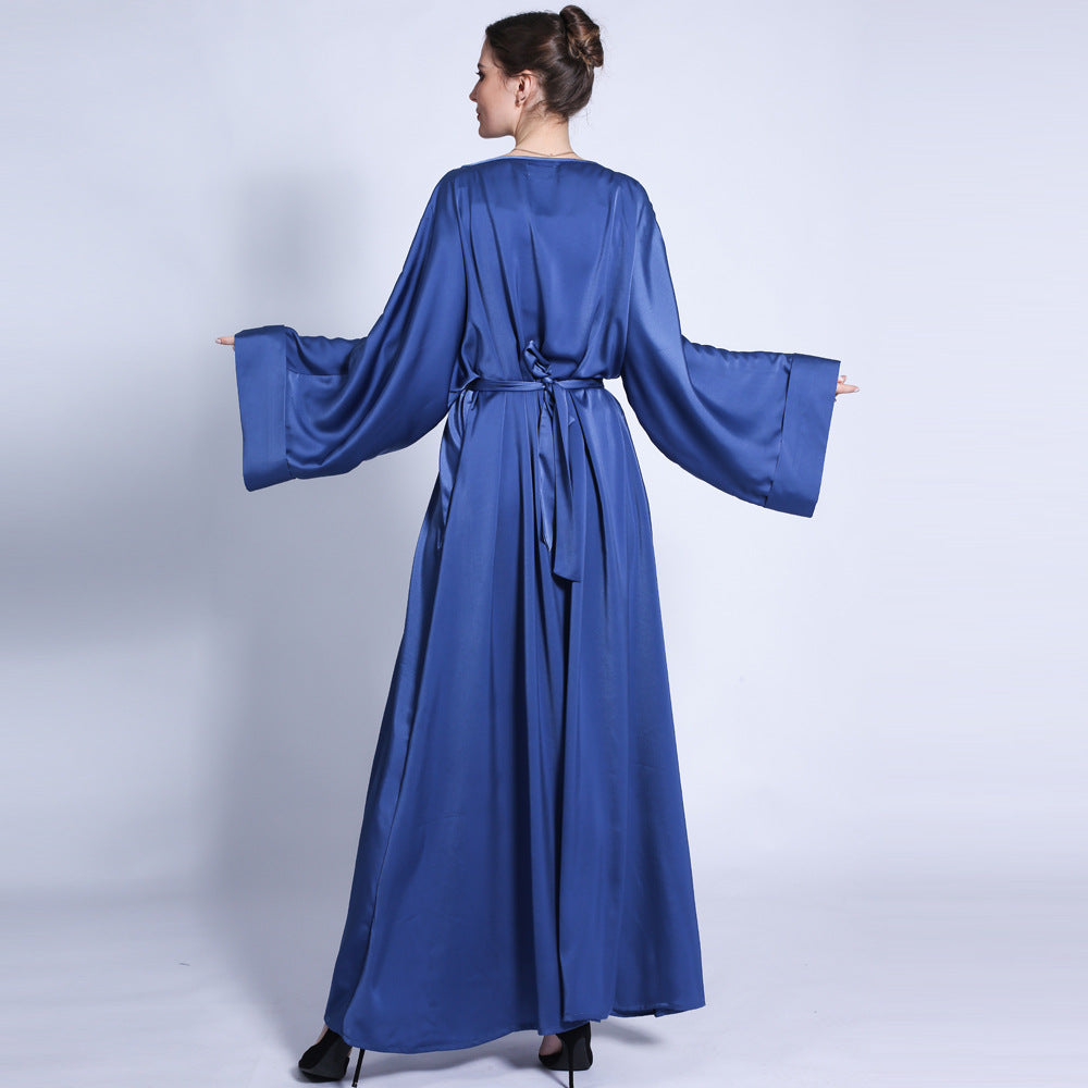G1304#Autumn matte solid color  tassel diamond belt long muslim dress women