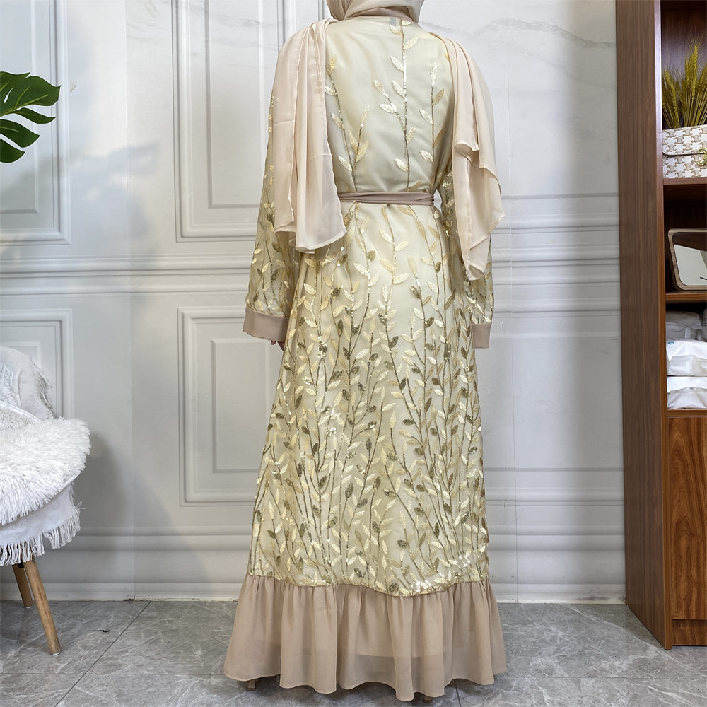 1511# Shiny Sequins Leaves Luxury Cardigan Muslim Islamic Elegant Women Abaya