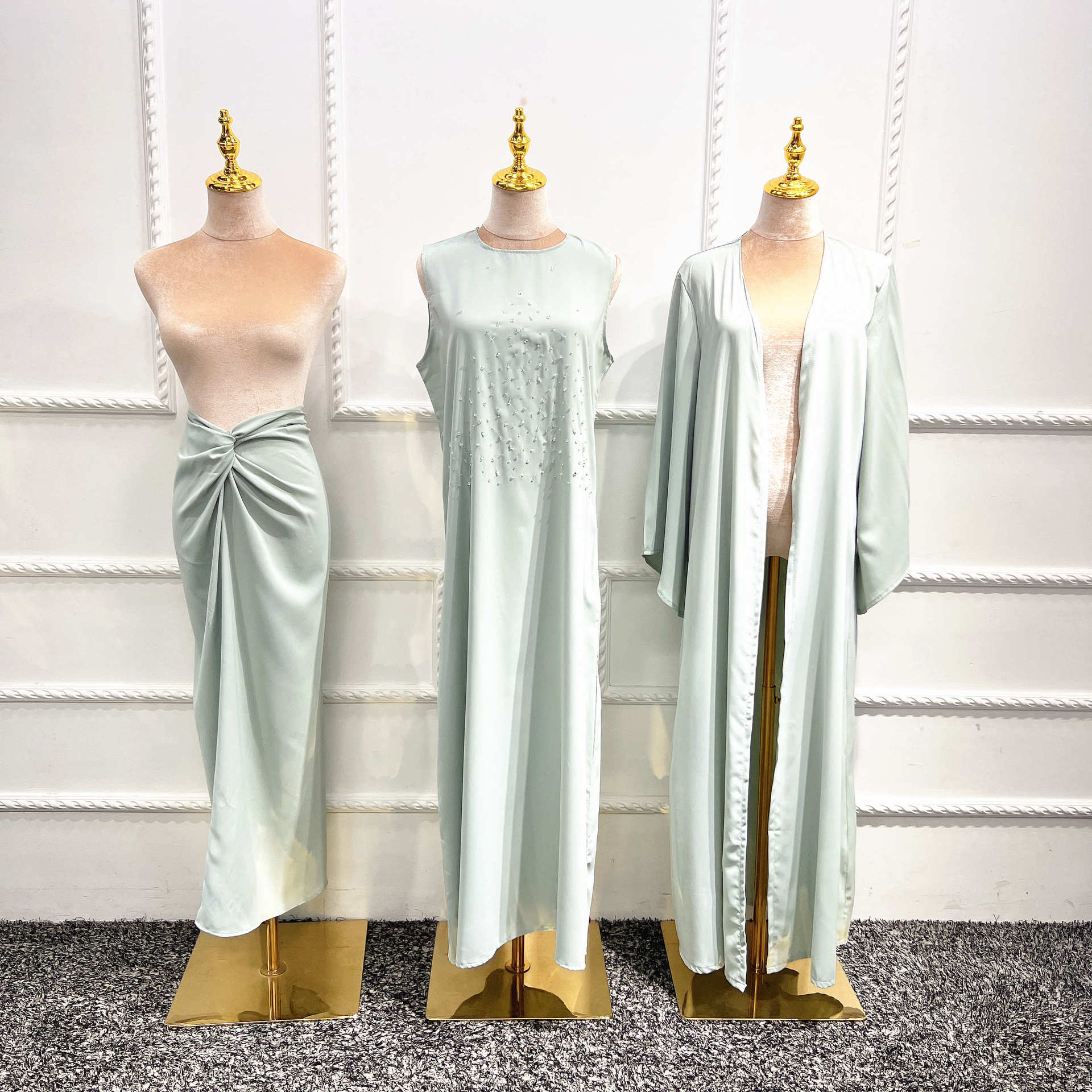 1506#3pcs Set Kimono Muslim Matching Outfit Cardigan Dress Wrap Skirt Set