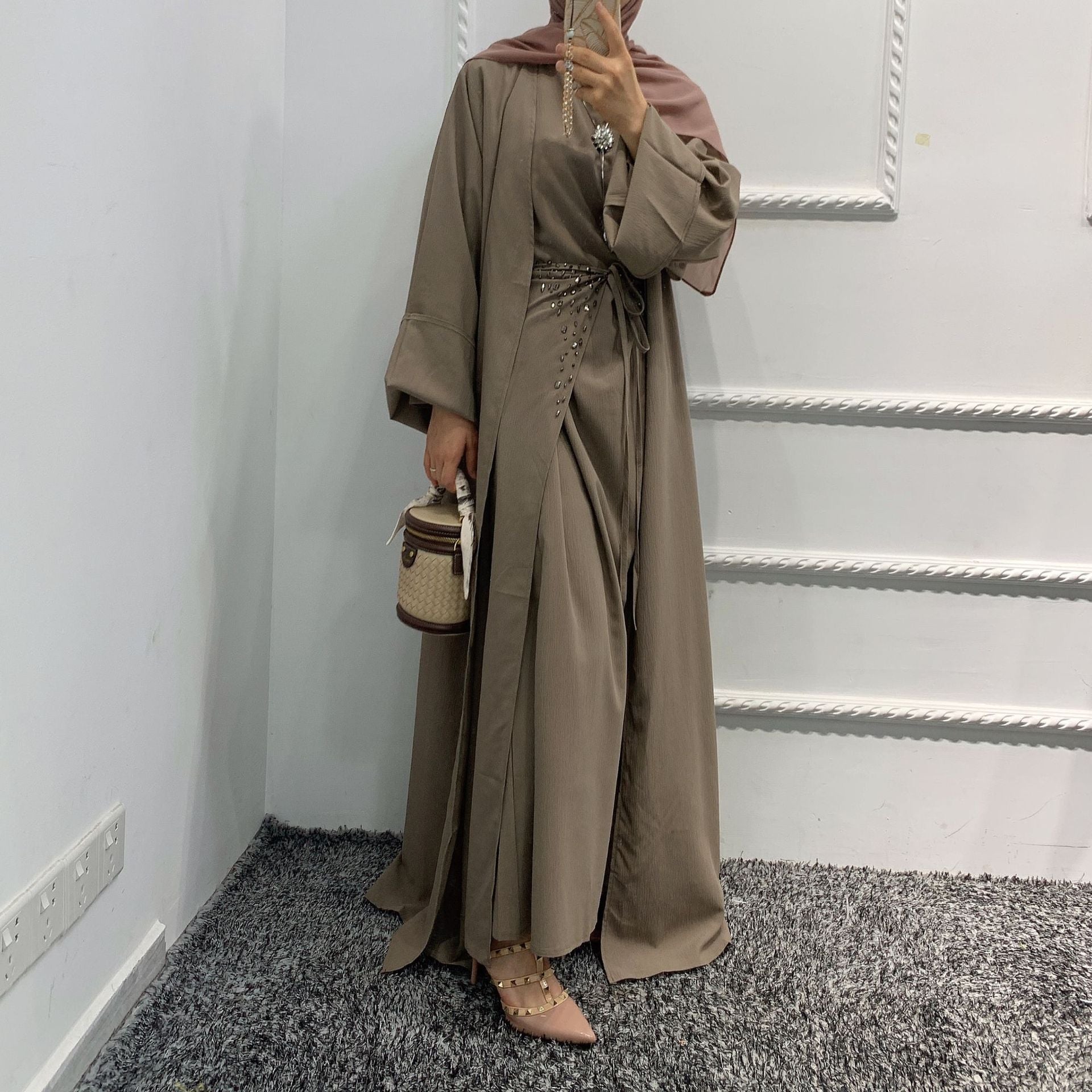 464#3piece islamic Dress Muslim slim abaya