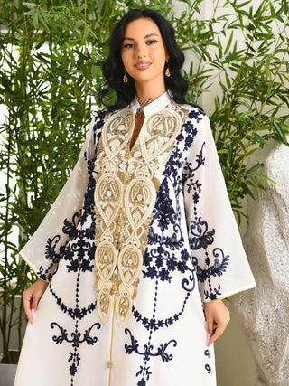 AB188#Dubai Arab Eid Al Fitr Middle East Gold Sequin Floral Embroidered Muslim Woman