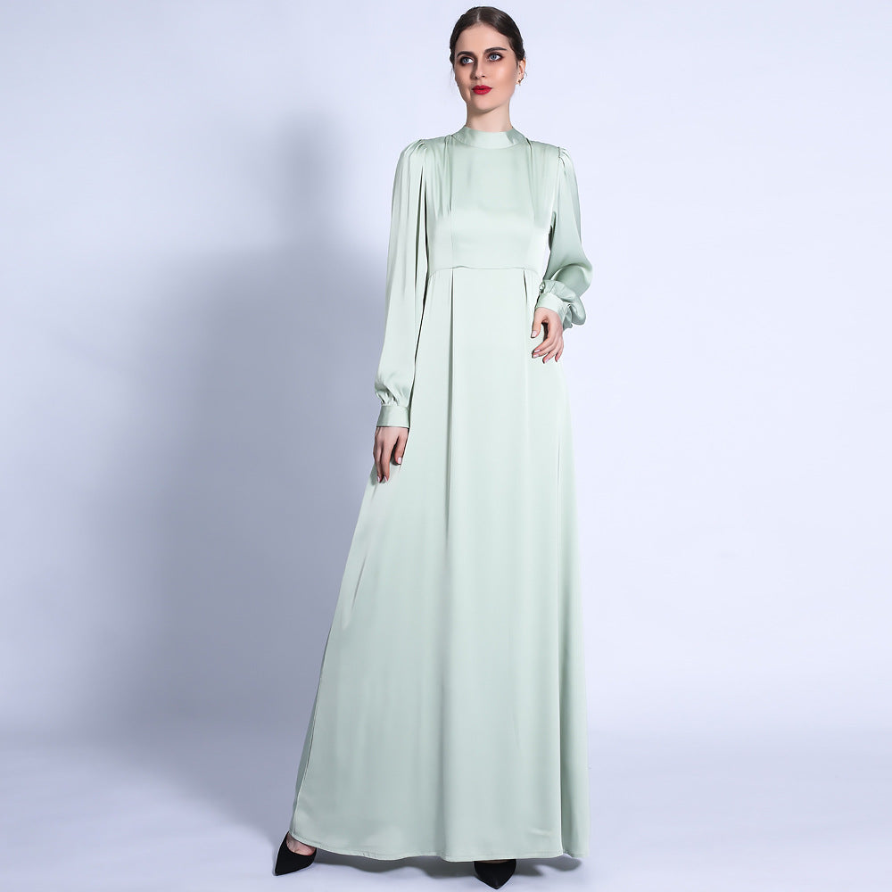 G1318#Autumn Satin Matte A-Line Dress Balloon Sleeve Basic Long Dress