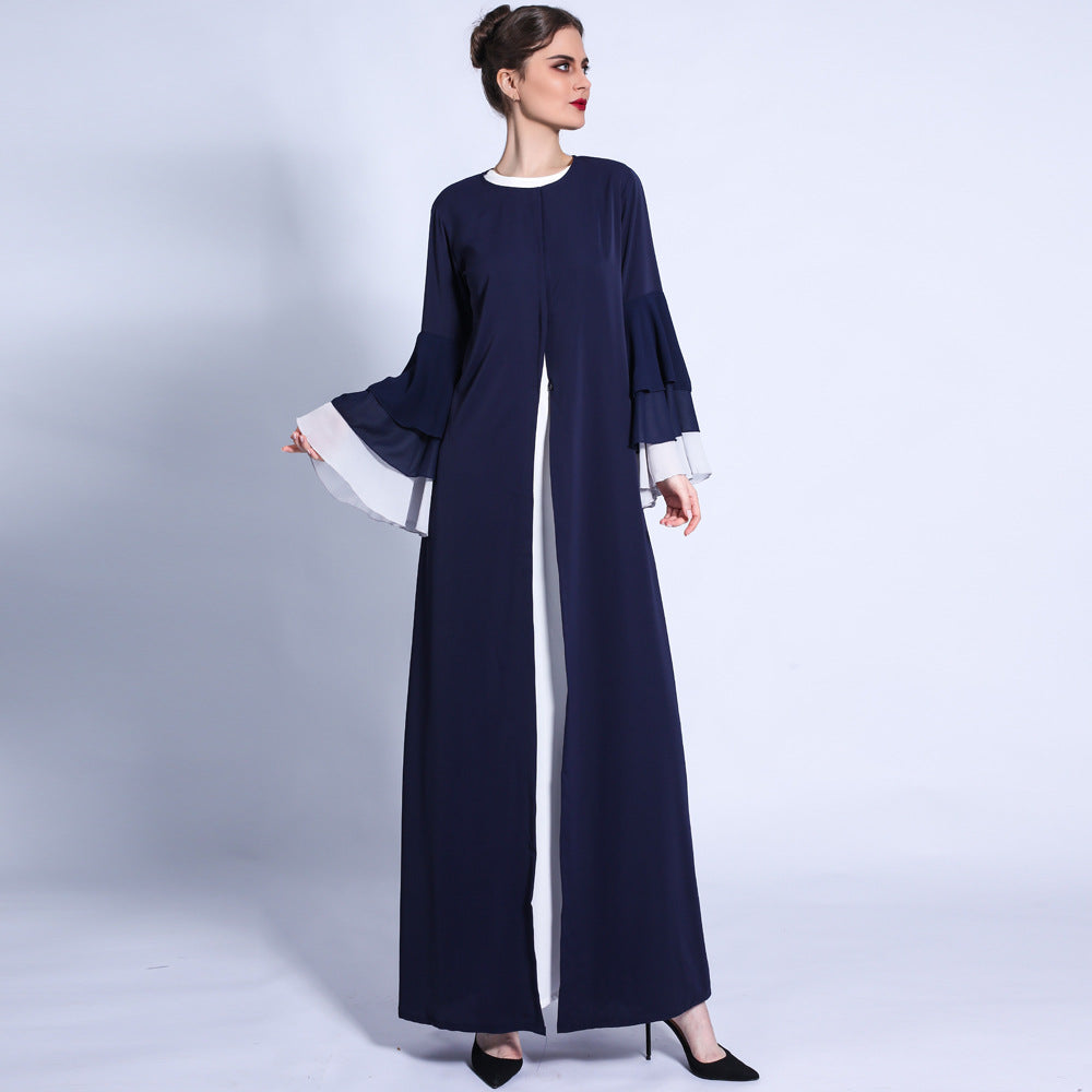 G1309#New women three-layer chiffon wave sleeves open dress