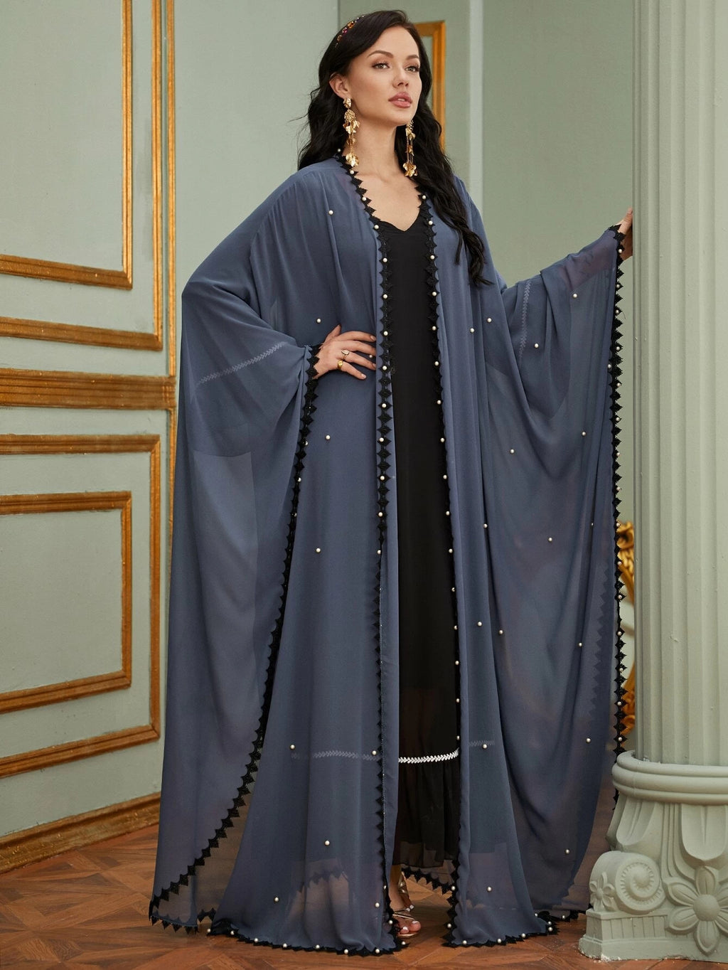 1653#New pearls cardigan kaftan bat sleeve abaya Dubai