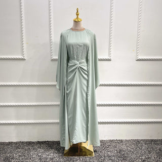 1506#3pcs Set Kimono Muslim Matching Outfit Cardigan Dress Wrap Skirt Set
