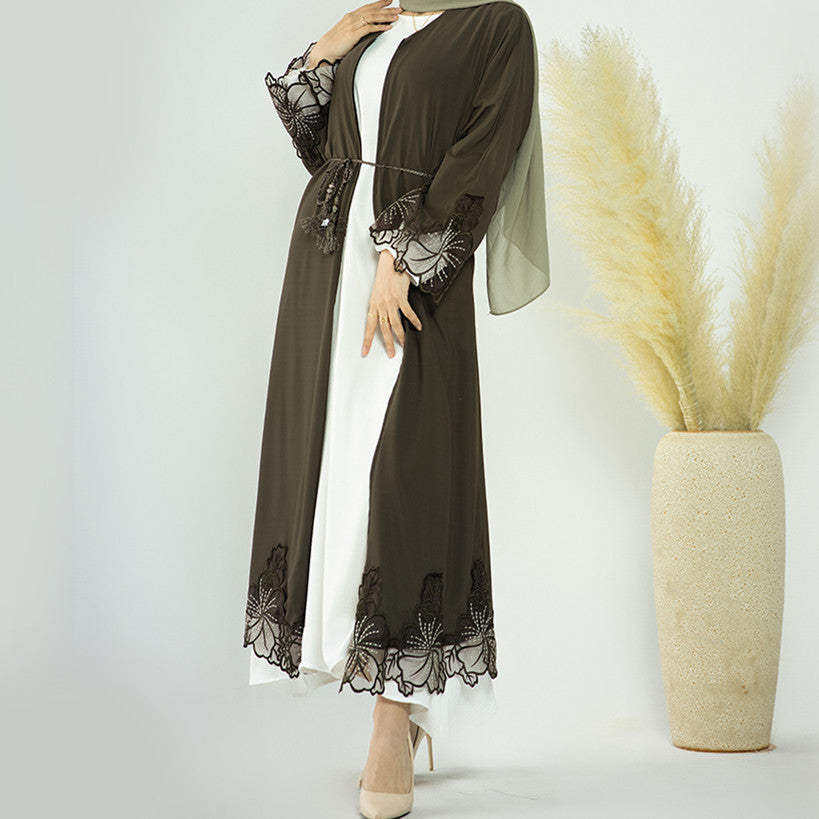 1579-1#Embroidery Classy Black Abaya Islamic fashion Open Cardigan EID Clothing