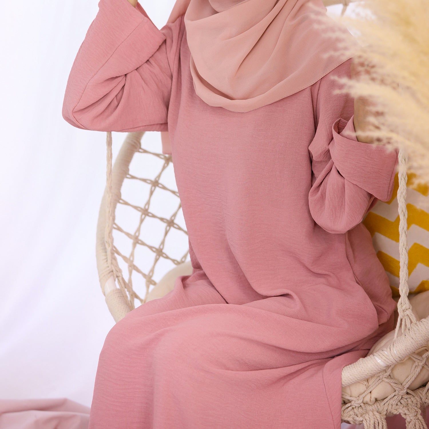 1593#On Sale Solid Color Long Sleeve Islamic Clothing Modest Closed Abaya Dress