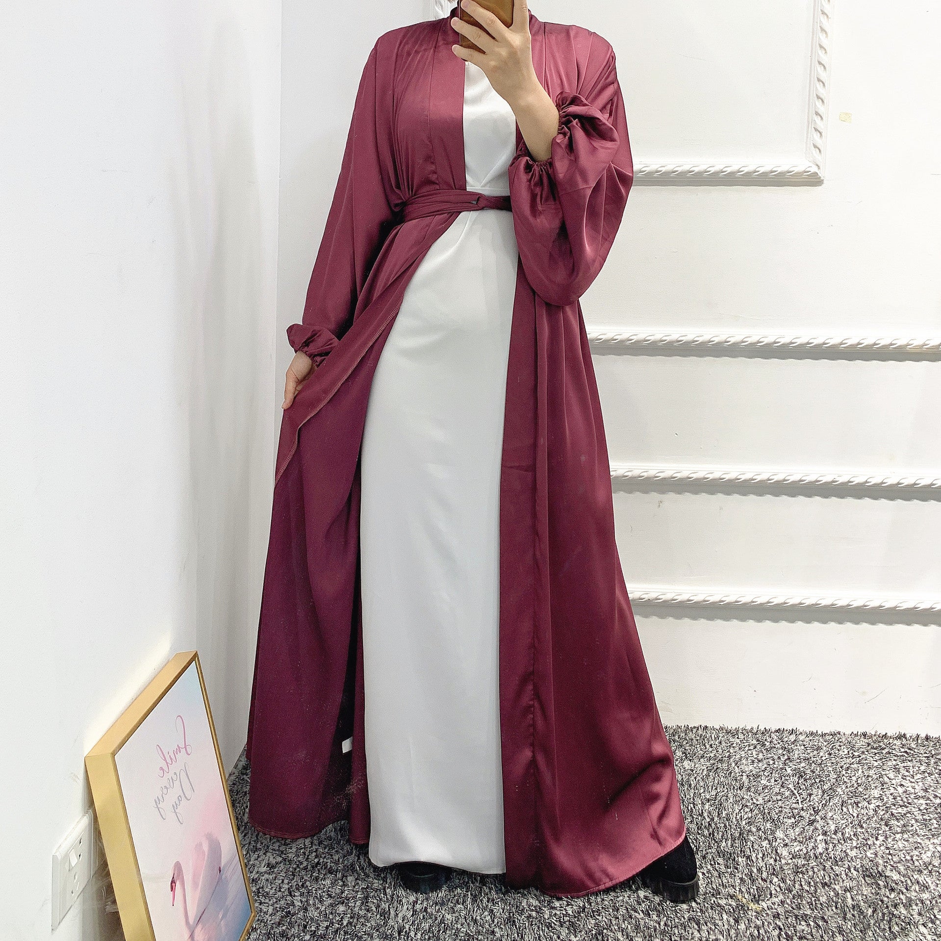1431#Wholesale Dubai Satin Elegant Abaya Muslim Women Puff Sleeve Plus Size Abaya