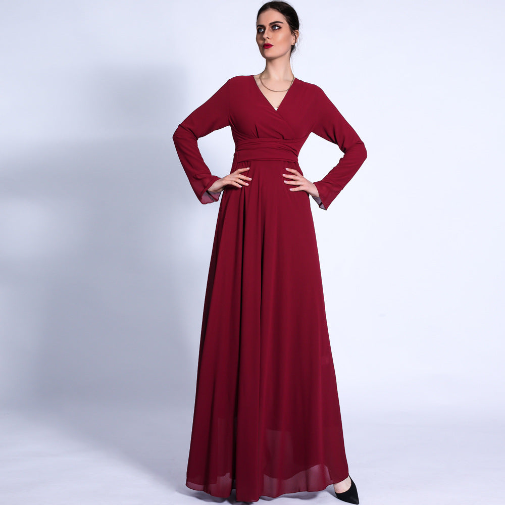 G1330#Autumn new V-neck chiffon solid color muslim dress